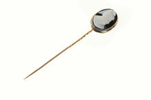 Load image into Gallery viewer, 14K Carved Black Agate Cameo Oval Ornate Stick Pin Yellow Gold