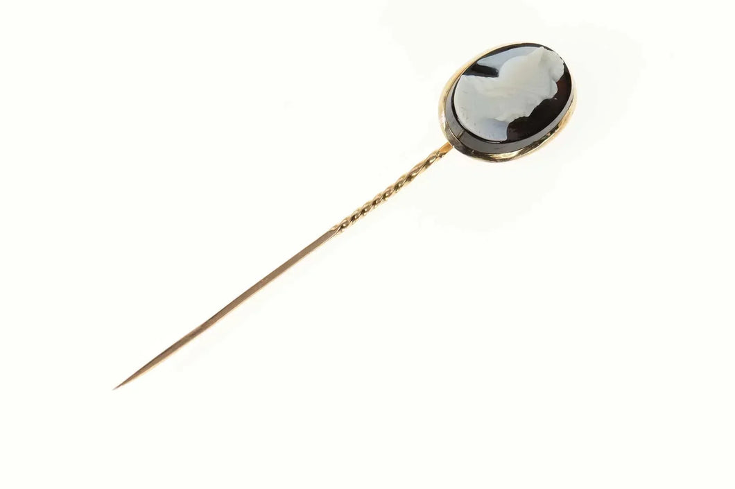 14K Carved Black Agate Cameo Oval Ornate Stick Pin Yellow Gold