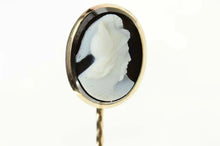 Load image into Gallery viewer, 14K Carved Black Agate Cameo Oval Ornate Stick Pin Yellow Gold