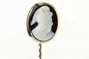 14K Carved Black Agate Cameo Oval Ornate Stick Pin Yellow Gold