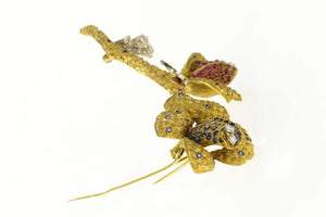 18K 1960's Pave Sapphire Ruby Diamond Flower Pin/Brooch Yellow Gold