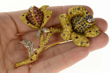 Load image into Gallery viewer, 18K 1960&#39;s Pave Sapphire Ruby Diamond Flower Pin/Brooch Yellow Gold