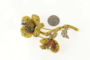 18K 1960's Pave Sapphire Ruby Diamond Flower Pin/Brooch Yellow Gold