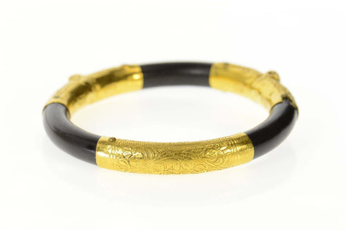 18K Victorian Chinese Black Onyx Etched Bangle Bracelet 6.5