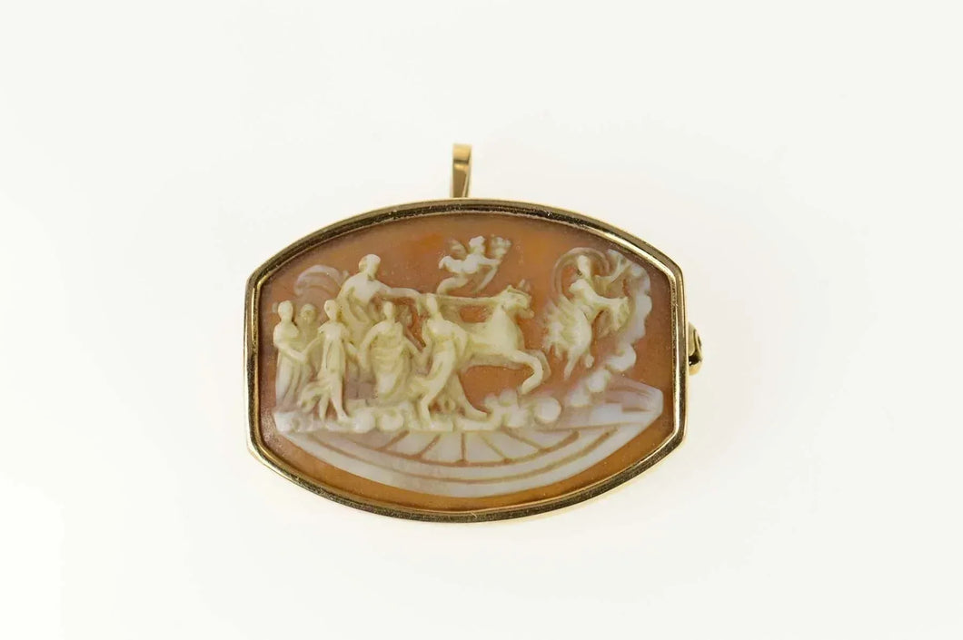 14K Victorian Ornate Angelic Scene Carved Cameo Pendant/Pin Yellow Gold