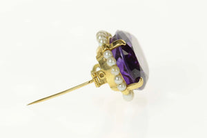 18K Oval Amethyst Pearl Halo Victorian Statement Pin/Brooch Yellow Gold