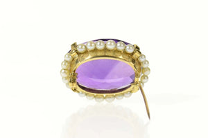 18K Oval Amethyst Pearl Halo Victorian Statement Pin/Brooch Yellow Gold