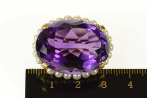 18K Oval Amethyst Pearl Halo Victorian Statement Pin/Brooch Yellow Gold