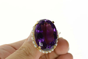 18K Oval Amethyst Pearl Halo Victorian Statement Pin/Brooch Yellow Gold