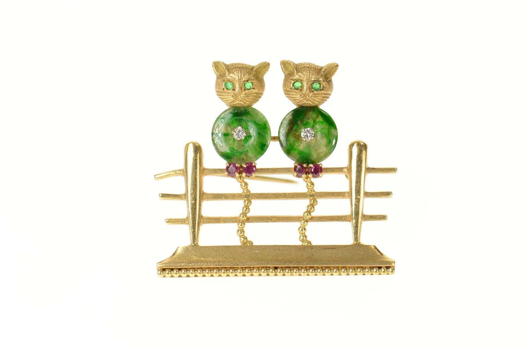 14K 1960's Diamond Jade Ruby Fence Cats Pin/Brooch Yellow Gold