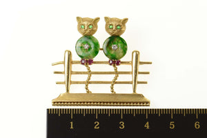 14K 1960's Diamond Jade Ruby Fence Cats Pin/Brooch Yellow Gold