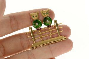 14K 1960's Diamond Jade Ruby Fence Cats Pin/Brooch Yellow Gold