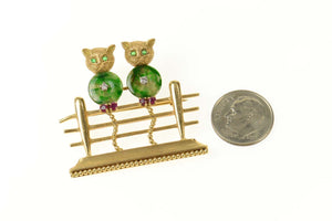 14K 1960's Diamond Jade Ruby Fence Cats Pin/Brooch Yellow Gold