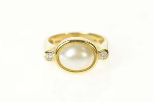 14K Pearl Oval Diamond Accent Ornate Statement Ring Size 6.75 Yellow Gold