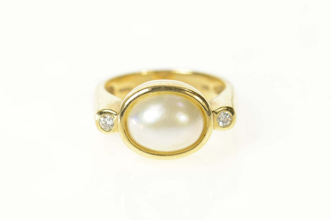 14K Pearl Oval Diamond Accent Ornate Statement Ring Size 6.75 Yellow Gold