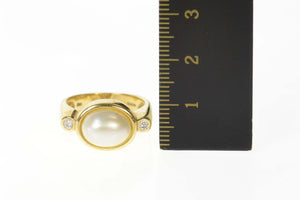 14K Pearl Oval Diamond Accent Ornate Statement Ring Size 6.75 Yellow Gold