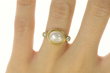 Load image into Gallery viewer, 14K Pearl Oval Diamond Accent Ornate Statement Ring Size 6.75 Yellow Gold