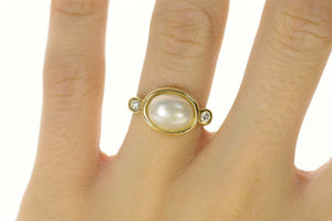 14K Pearl Oval Diamond Accent Ornate Statement Ring Size 6.75 Yellow Gold