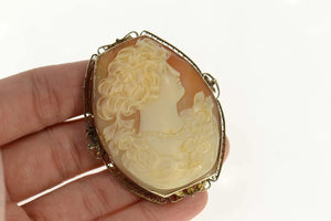 14K Victorian Carved Lady Ornate Statement Pin/Brooch Yellow Gold