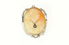 Load image into Gallery viewer, 14K Victorian Diamond Necklace Carved Cameo Pin/Brooch White Gold