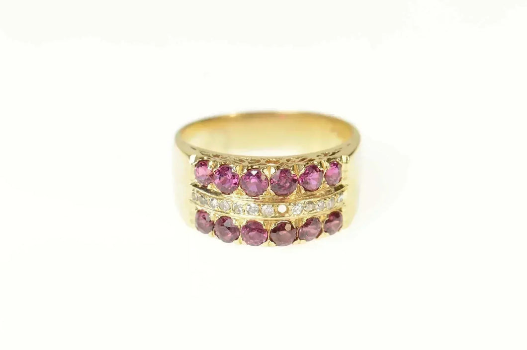 14K Ornate Ruby Diamond Filigree Band Ring Size 6.75 Yellow Gold