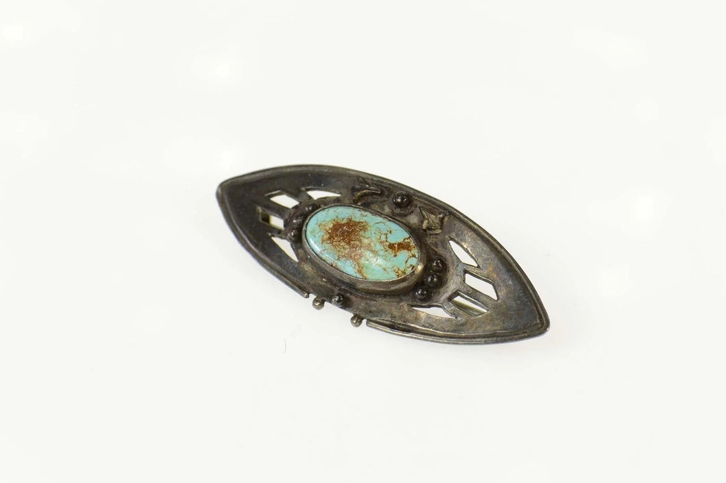 Sterling Silver Ornate Turquoise Marquise FT Sheridan Pin/Brooch