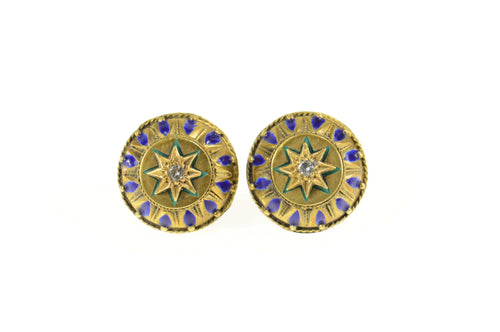 14K Ornate Diamond Star Enamel Screw Back Earrings Yellow Gold