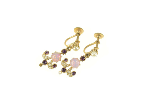 14K Victorian Pearl Amethyst Sim. Opal Dangle Earrings Yellow Gold