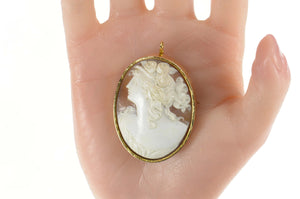 14K Victorian Elaborate Carved Shell Cameo Pendant/Pin Yellow Gold