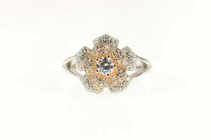 Sterling Silver Pave Encrusted Flower Two Tone Spinner Ring Size 10.25