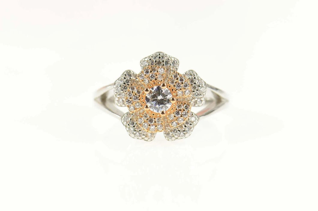 Sterling Silver Pave Encrusted Flower Two Tone Spinner Ring Size 10.25