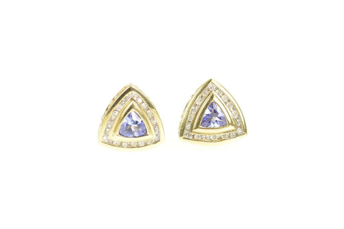 14K Trillion Tanzanite Diamond Halo Stud Earrings Yellow Gold