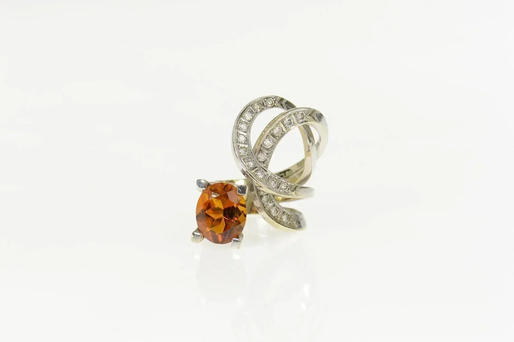 14K 6.16 Ctw Citrine Diamond Modernist Statement Ring Size 6.5 White Gold