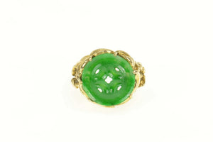 14K Elaborate Carved Jade Circle Calla Lily Ring Size 6.75 Yellow Gold