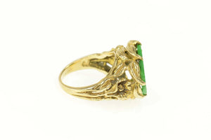 14K Elaborate Carved Jade Circle Calla Lily Ring Size 6.75 Yellow Gold