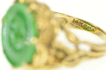 Load image into Gallery viewer, 14K Elaborate Carved Jade Circle Calla Lily Ring Size 6.75 Yellow Gold