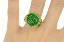 Load image into Gallery viewer, 14K Elaborate Carved Jade Circle Calla Lily Ring Size 6.75 Yellow Gold