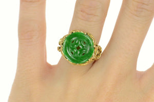 14K Elaborate Carved Jade Circle Calla Lily Ring Size 6.75 Yellow Gold