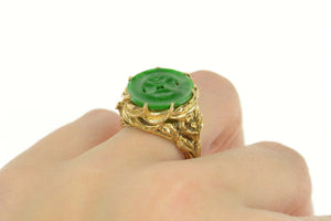 14K Elaborate Carved Jade Circle Calla Lily Ring Size 6.75 Yellow Gold