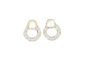 18K 0.84 Ctw Button Pearl Diamond Circle Statement Earrings White Gold