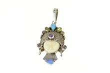Load image into Gallery viewer, Sterling Silver Moon Face Black Opal Turquoise Peridot Ornate Pendant