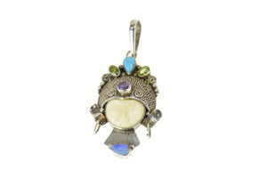 Sterling Silver Moon Face Black Opal Turquoise Peridot Ornate Pendant