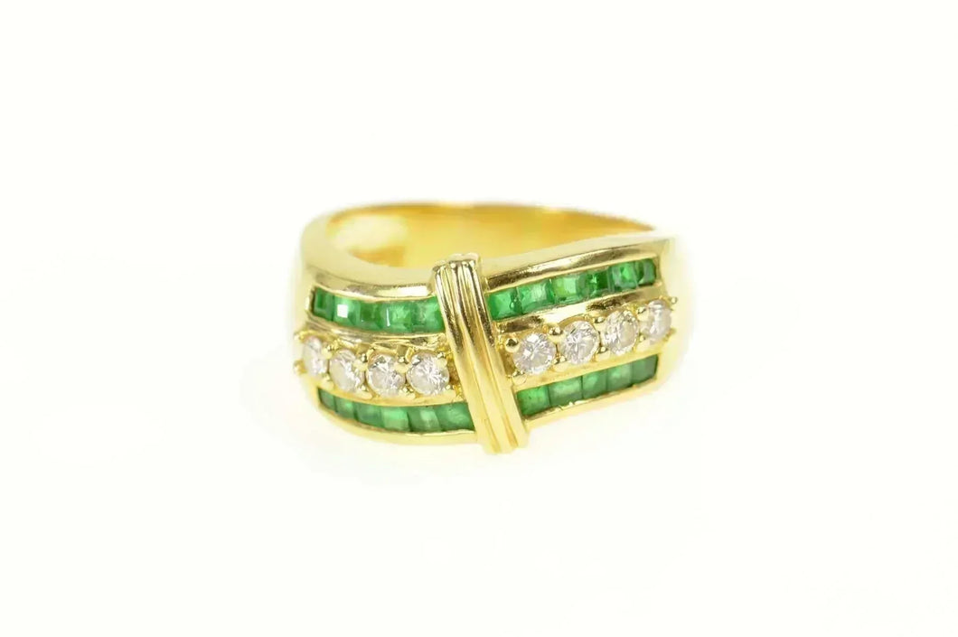 18K 1.58 Ctw Emerald Diamond Wavy Band Ring Size 7 Yellow Gold