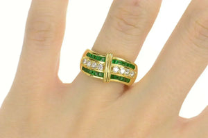 18K 1.58 Ctw Emerald Diamond Wavy Band Ring Size 7 Yellow Gold