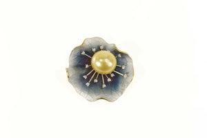 18K Designer Pearl Diamond Lily Pad Leaf Flower Pendant/Pin Yellow Gold