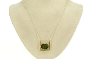 18K Oval Ammolite Squared Artisanal Handmade Pendant Yellow Gold