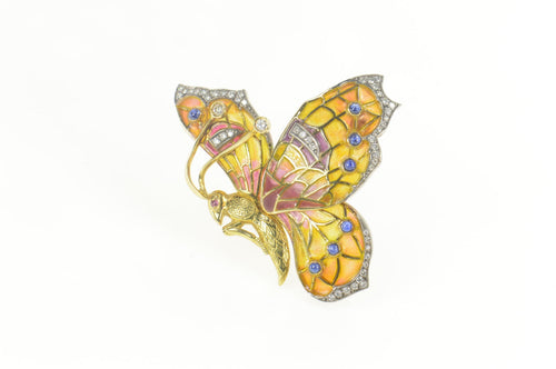 18K 1.40 Ctw Diamond Sapphire Enamel Butterfly Pin/Brooch Yellow Gold