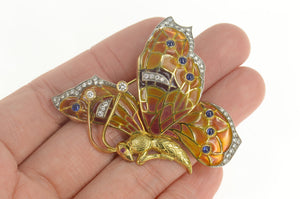 18K 1.40 Ctw Diamond Sapphire Enamel Butterfly Pin/Brooch Yellow Gold