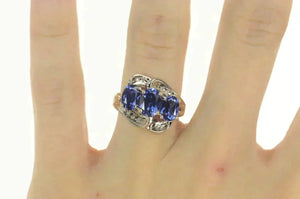 10K Three Stone Iolite Diamond Wavy Engagement Ring Size 7 White Gold