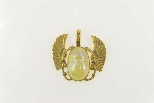 14K Iridescent Glass Scarab Egyptian Life Symbol Pendant Yellow Gold